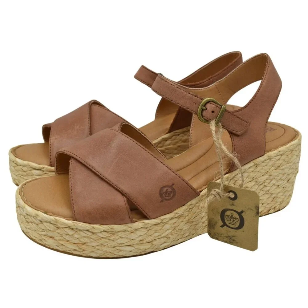 Born Womens Size 11 Moriah Brown Full Grain Leather Espadrille‎ Wedge Sandals